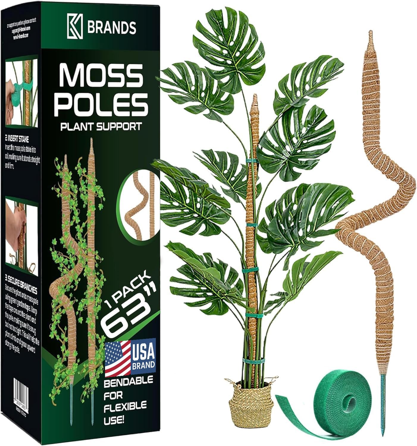 63'' Bendable Moss Pole Monstera Plant Support for Large Climbing Indoor Plants - Stakes for Potted Climbers - Tall Sticks Indoor Trellis for Houseplants - Accessories for Monstera Pot