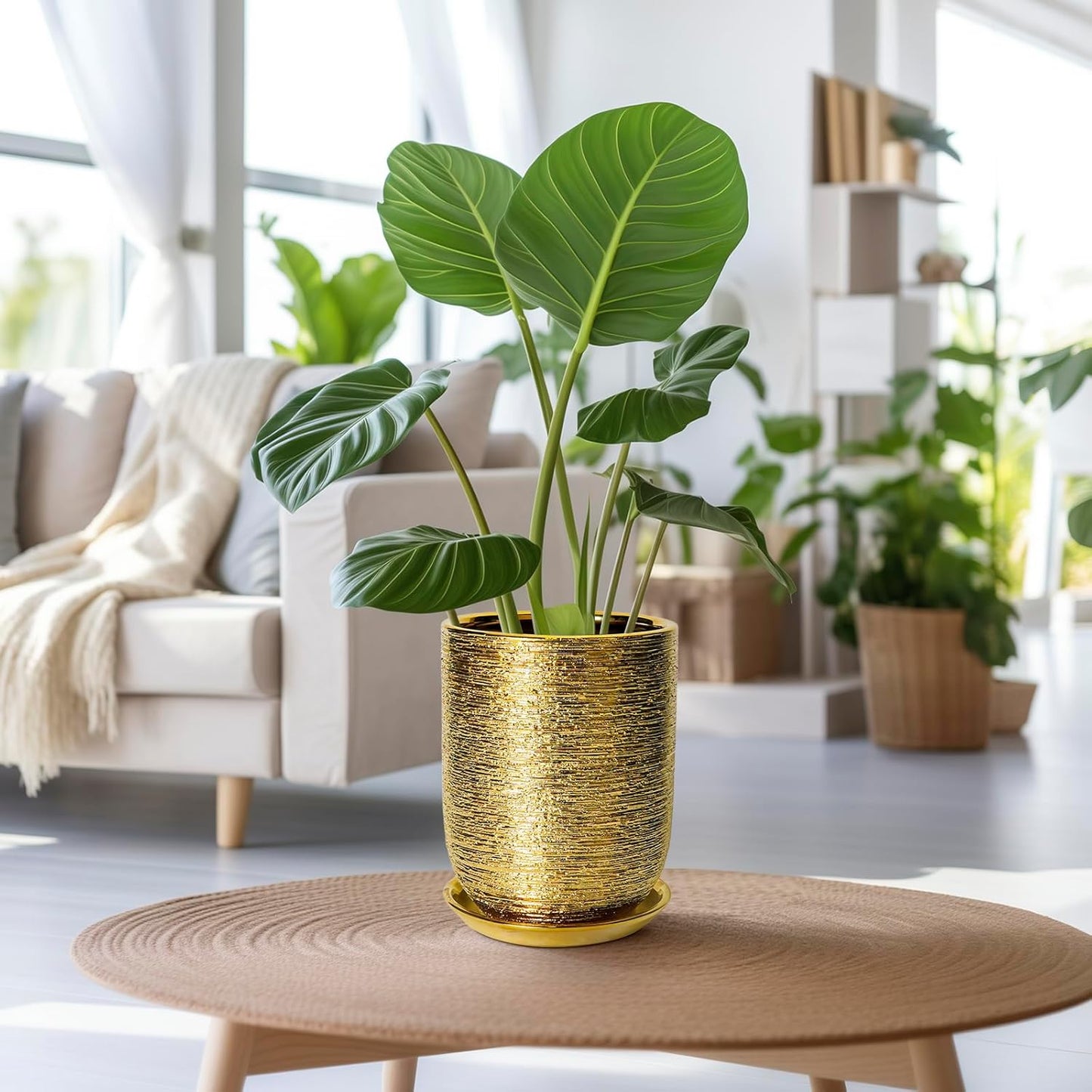 Indoor Plant Pot 8 Inch - Ceramic Planter for Indoor Outdoor Flowers, Round Modern Flower Pot with Drainage Hole and Saucer, Gifts for Plants Lovers, Garden Room Decor, Gold