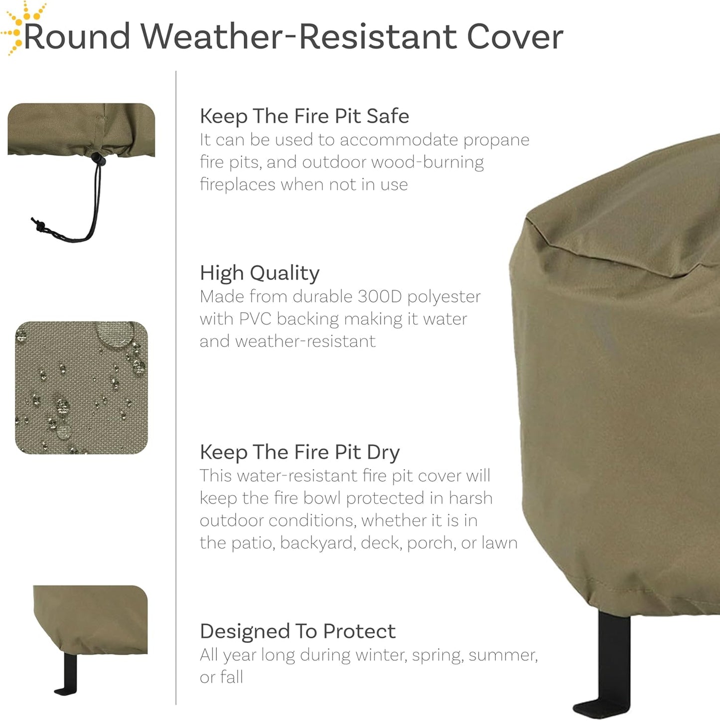Sunnydaze Round Outdoor Fire Pit Cover - Heavy-Duty 300D Polyester and PVC with Drawstring Closure - Khaki - 40-Inch