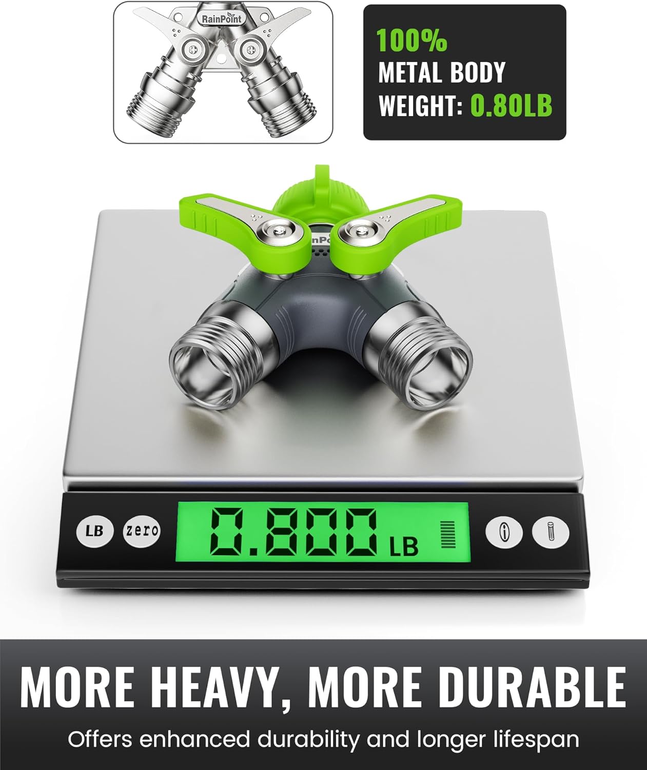RAINPOINT Garden Hose Splitter, 2 Way Heavy Duty Water Hose Y Spigot Splitter with Shutoff Valves, 100% Metal Body Outdoor Faucet Splitter, 1.9" Extra Long Metal Handle, 3/4" GHT Thread (1, Green)