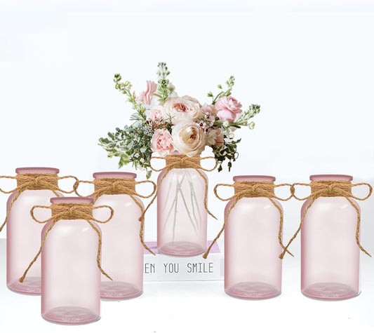 Vintage Glass Flower Vase，6 Pack Pink Farmhouse Glass Centerpiece Vases Mason Jars for Weddings, Parties & Home Decor Bulk (6, Pink)