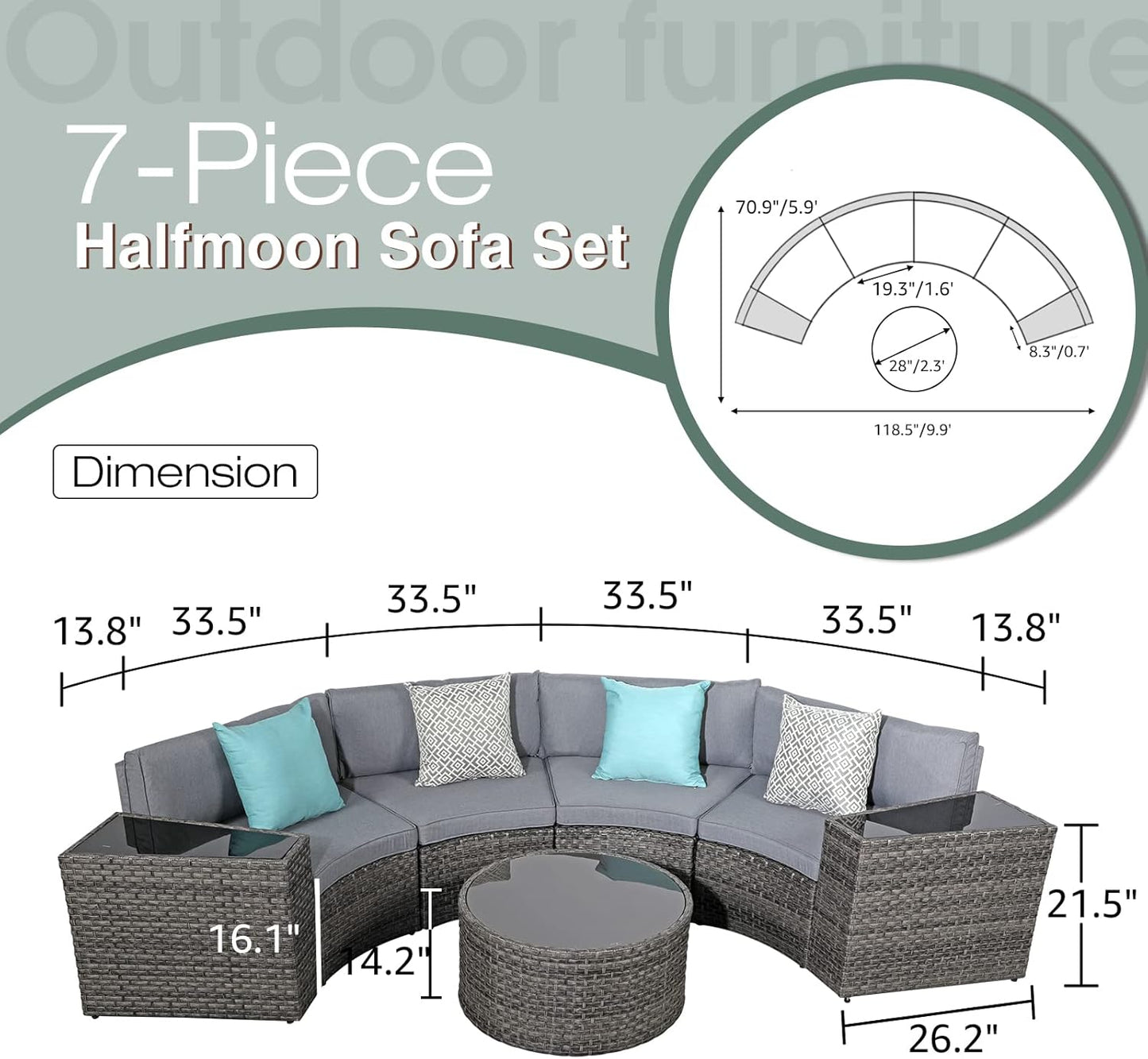 SUNSITT Outdoor Patio Furniture Sectional 7-Piece Half-Moon Curved Outdoor Sofa Set with Round Coffee Table, 4 Pillows & Waterproof Cover, Grey Rattan