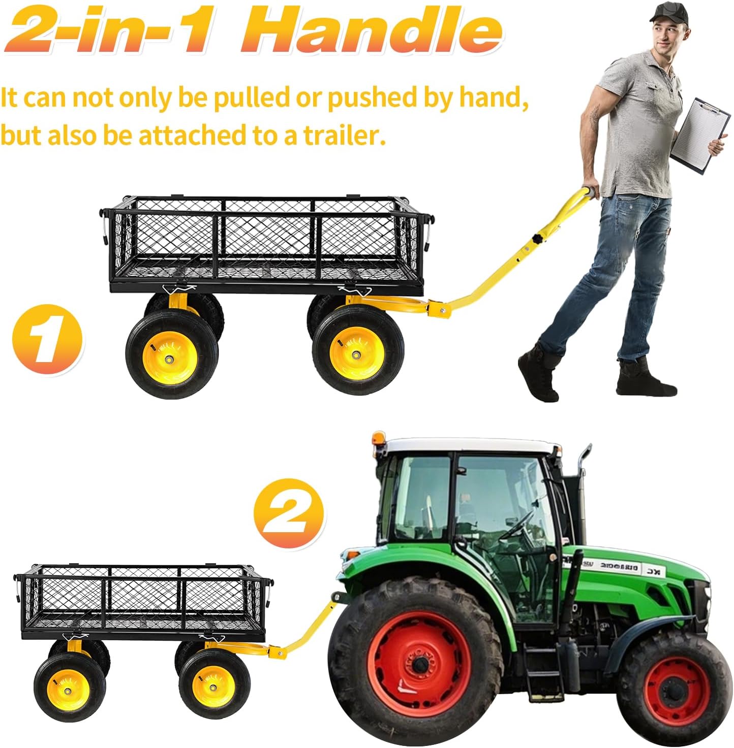 Steel Garden Cart On Wheels, 1400 Lbs Capacity, 2-in-1 Handle and 16 in Tires, Heavy Duty Wagon Cart with Removable Mesh Sides to Convert Into Flatbed