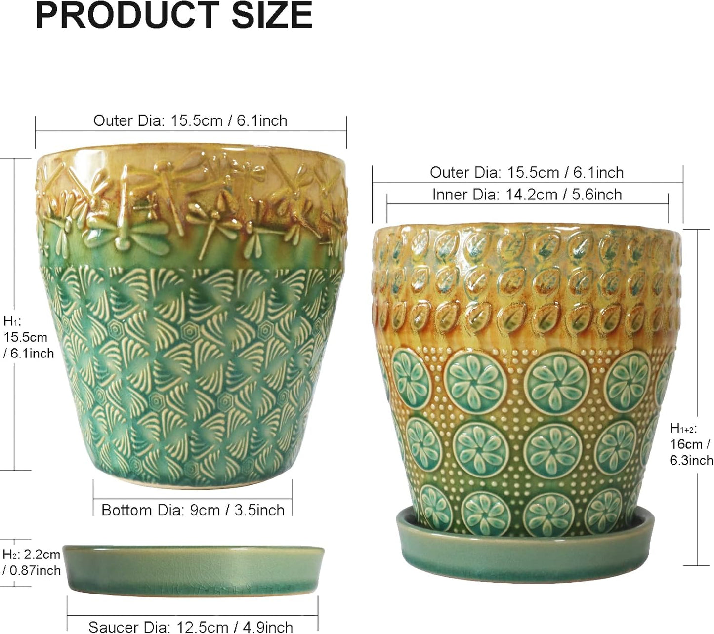 6 Inch Ceramic Planter with Drainage Hole and Saucer for Plants, Indoor-Outdoor Large Round Succulent Orchid Flower Pot, Set of 2