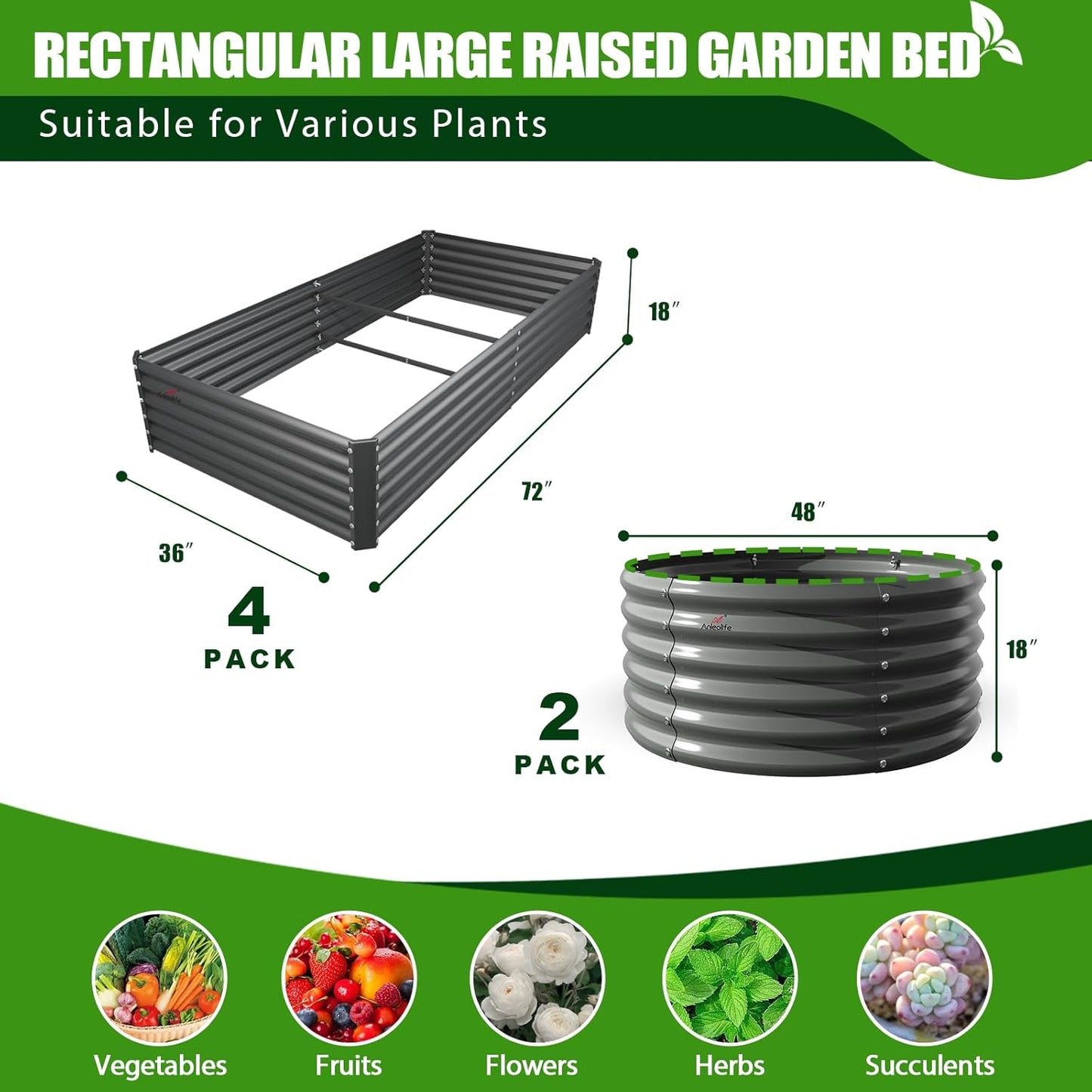A ANLEOLIFE 6-Pack 4X4X1.5ft & 6X3X1.5ft Deep Root Galvanized Raised Garden Beds Outdoor for Planting Vegetables Flowers Herb, Quartz Grey