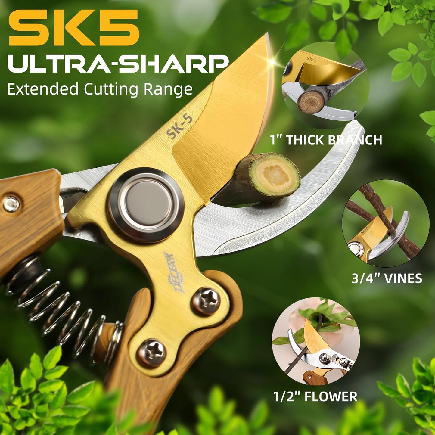 8.5" Professional Bypass Pruning Shears – Heavy Duty Garden Scissors & Clippers for Wood & Tree Trimming, Ultra Sharp SK5 Blade, Ergonomic Handle, Perfect Gardening Gift, 2025 Wood-Like Finish