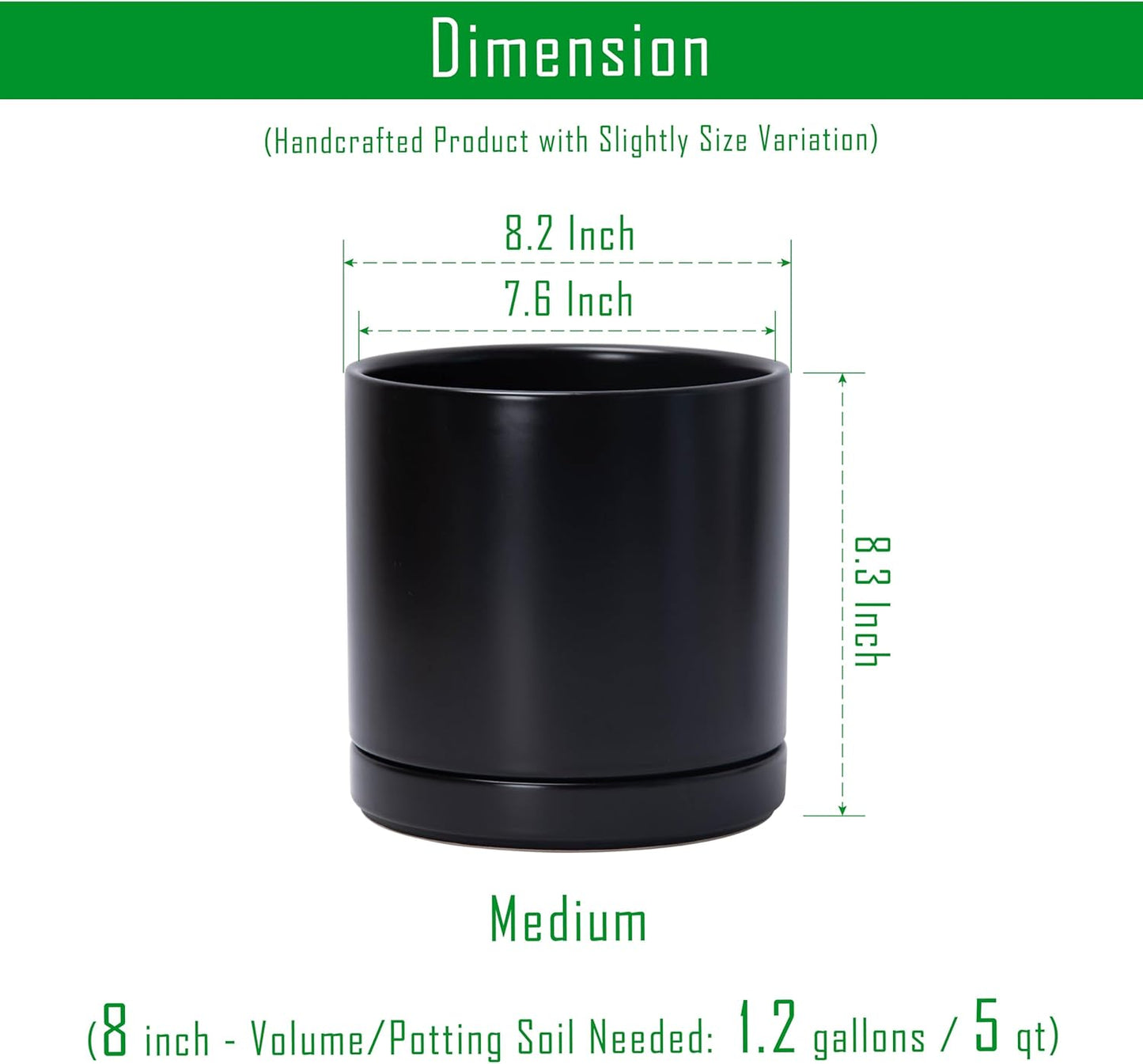 D'vine Dev 8 Inch Ceramic Planter Pot with Drainage Hole and Saucer, Indoor Cylinder Round Planter Pot, Black, 94-O-D-2