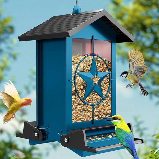 Squirrel Proof Bird Feeder for Outdoors Hanging, Metal Wild Bird Seed Feeder with Bilateral Weight-Activated Perches, 5LB Large Capacity Wild Bird Feeders for Outside Finch, Cardinal, Blue Jay