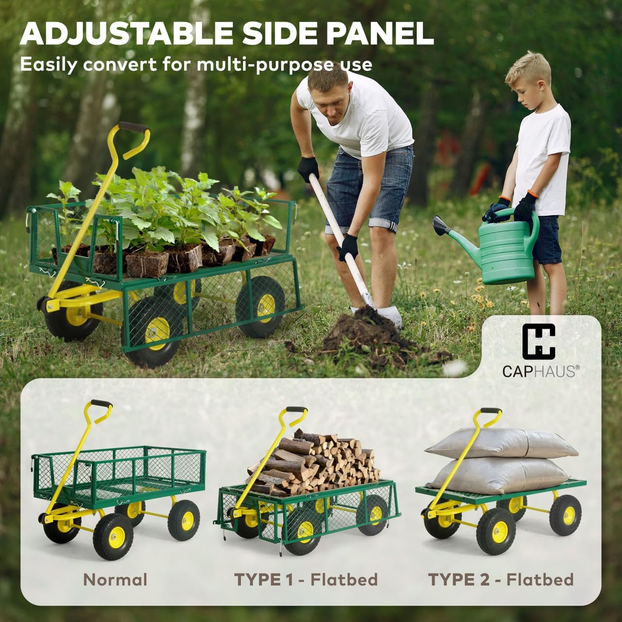 CAPHAUS Metal Green Garden Cart, w/ 180° Adjustable Yellow Handle, w/Mat and Strap, Heavy Duty 880 lbs Capacity, w/ 10” Flat-Free Tires, Sides Removable, Utility Wagon, Yard Cart, for Garden, Farm