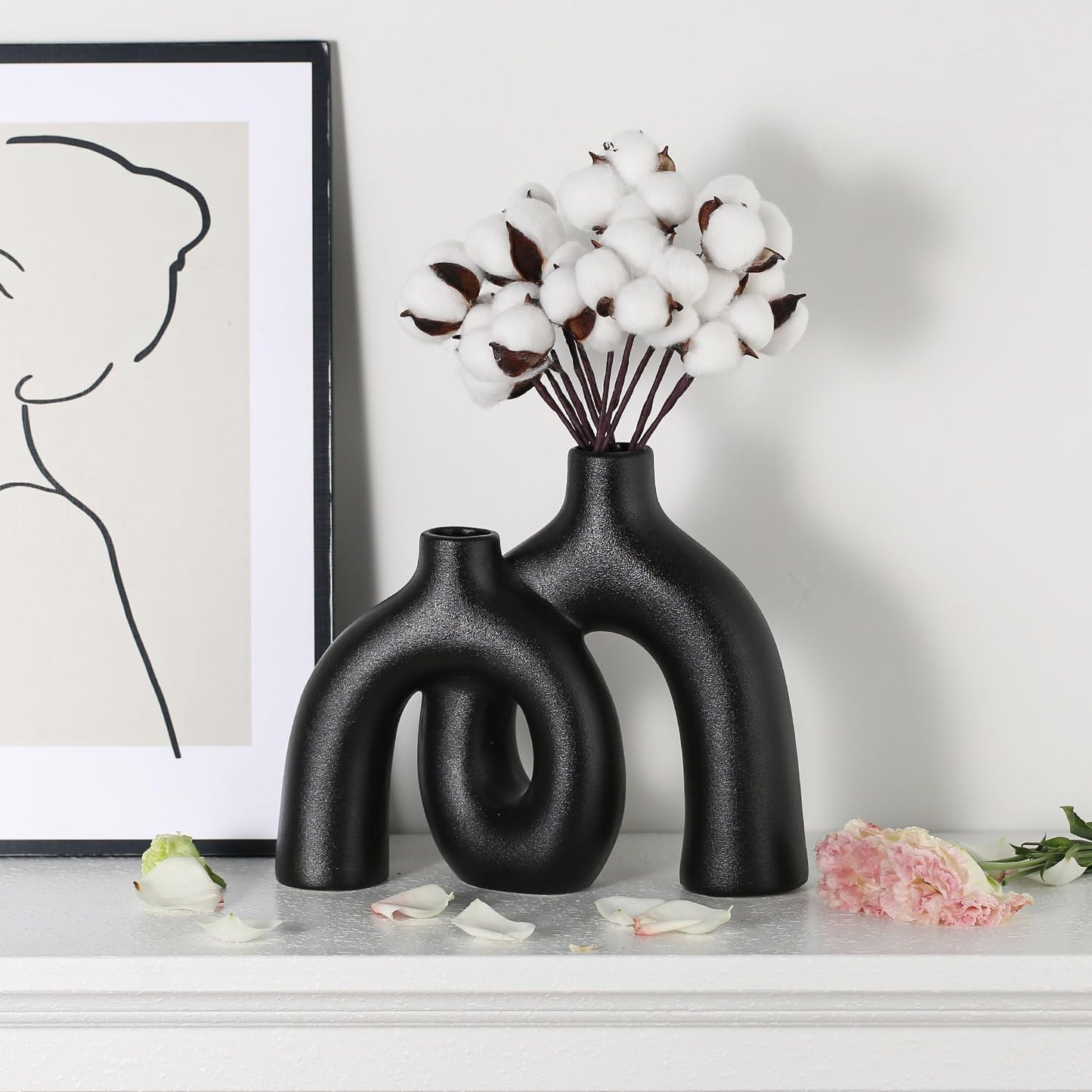 CEMABT Modern Nordic Boho Vase Set - Elegant Black Matte Ceramic Home Decor for Living Room, Bookshelf, Mantel, Entryway Table & Console Décor | Shelf Decorations Gift