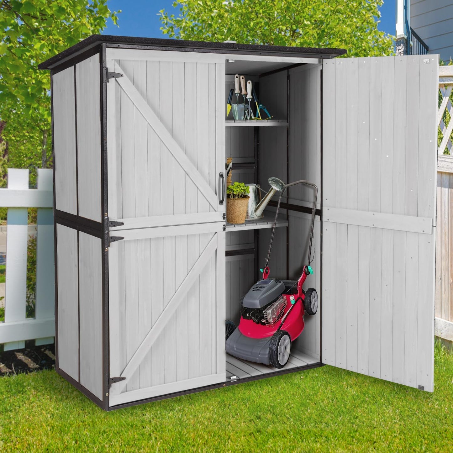 Outdoor Storage Cabinet with Adjustable Shelves, Large Metal Frame Garden Shed for Bike & Tool Storage, Lockable Waterproof Vertical Cabinet Box for Backyard, Patio, Lawn, Deck