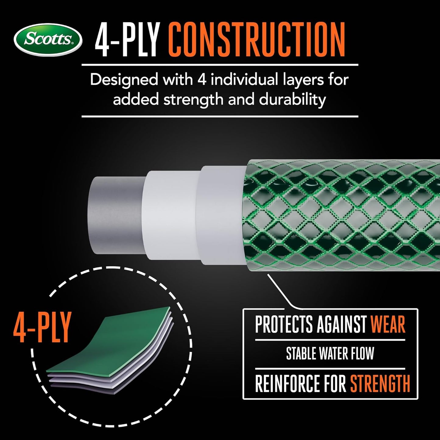 Scotts 75 ft. Garden Hose – 5/8 in. Diameter, 4-Ply Construction, 300 PSI, High-Pressure, Easy-to-Coil Water Hose with Crush-Resistant Couplings, Easy to Connect for Lawn and Garden Use
