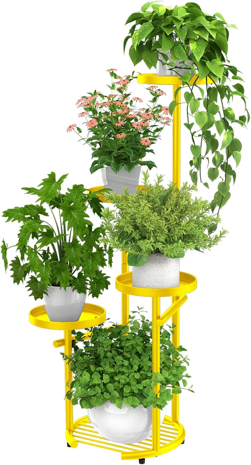 TOSKING 5 Tier Metal Plant Stand Indoor， Plant Shelf, Corner Shelf Flower Pot Stand for Outdoor Plant Stand for Living Room Balcony Garden Patio Bedroom (5Tier-37''-yellow)
