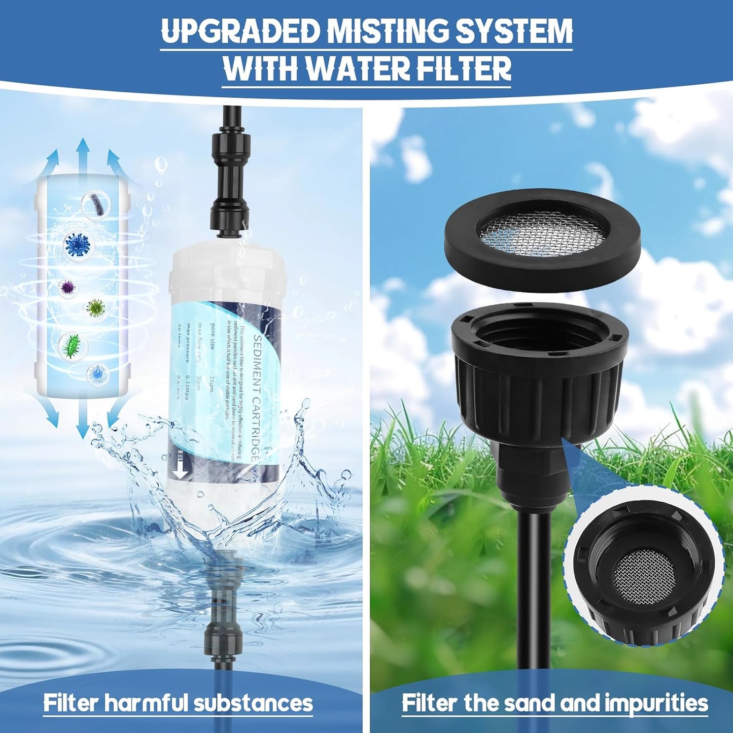 Kalolary 100Ft Misting Cooling System, Misters for Outside Patio with Water Filter, 100FT(30M) Misting Line, 30 Brass Mist Nozzles & 2 PE Adapters 3/4" Outdoor Mister for Backyard Garden Greenhouse