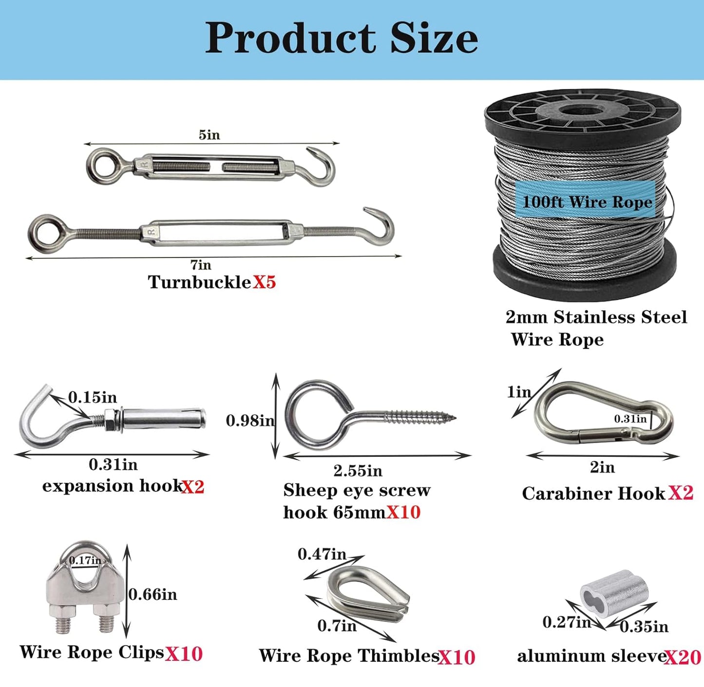 1/16 Inch 304 Stainless Steel Wire Rope Kit - 100ft 7x7 Strand Core Vinyl Coated Aircraft Cable with Turnbuckles for Outdoor String Lights Hanging, Garden & Guy Wire Support