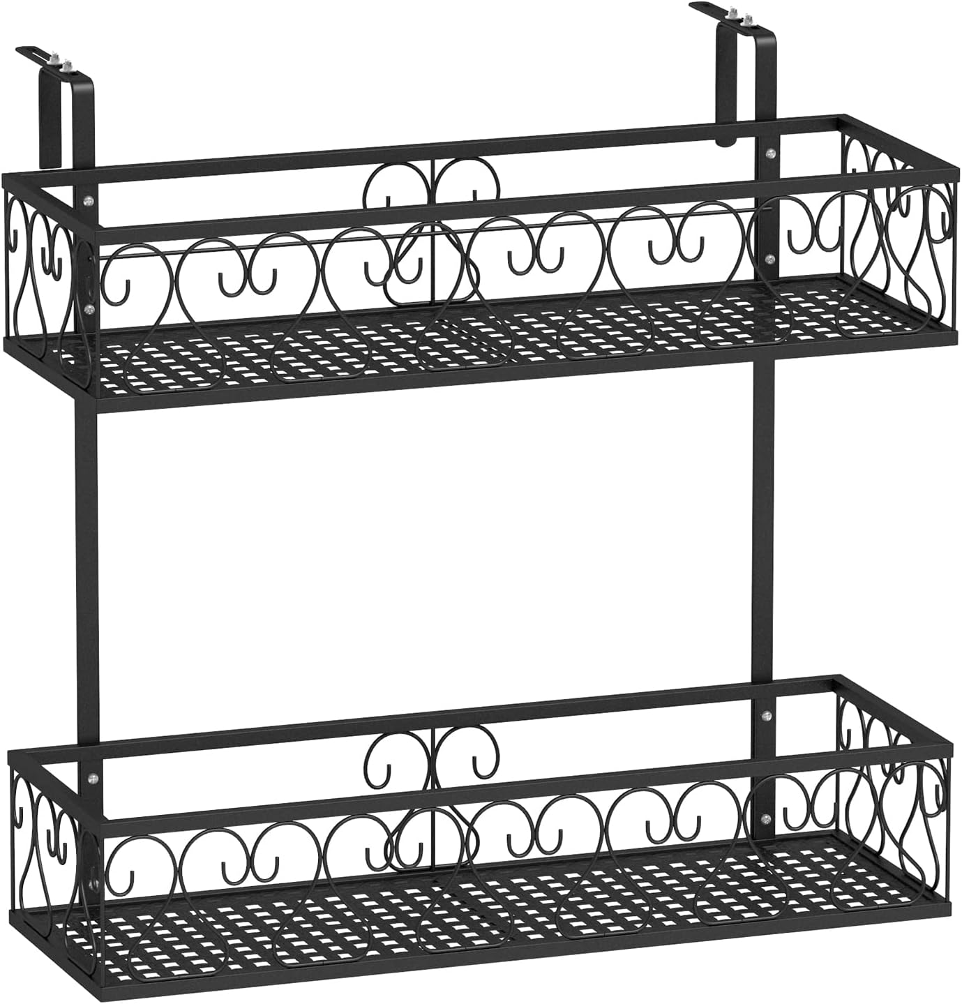 LDAILY 2-Tier Hanging Flower Rack, Hanging Flower Pot Holder w/Adjustable Hooks, Railing Basket Shelf Metal Potted Plant Container for Balcony, Porch & Fence, Easy Assembly, Black