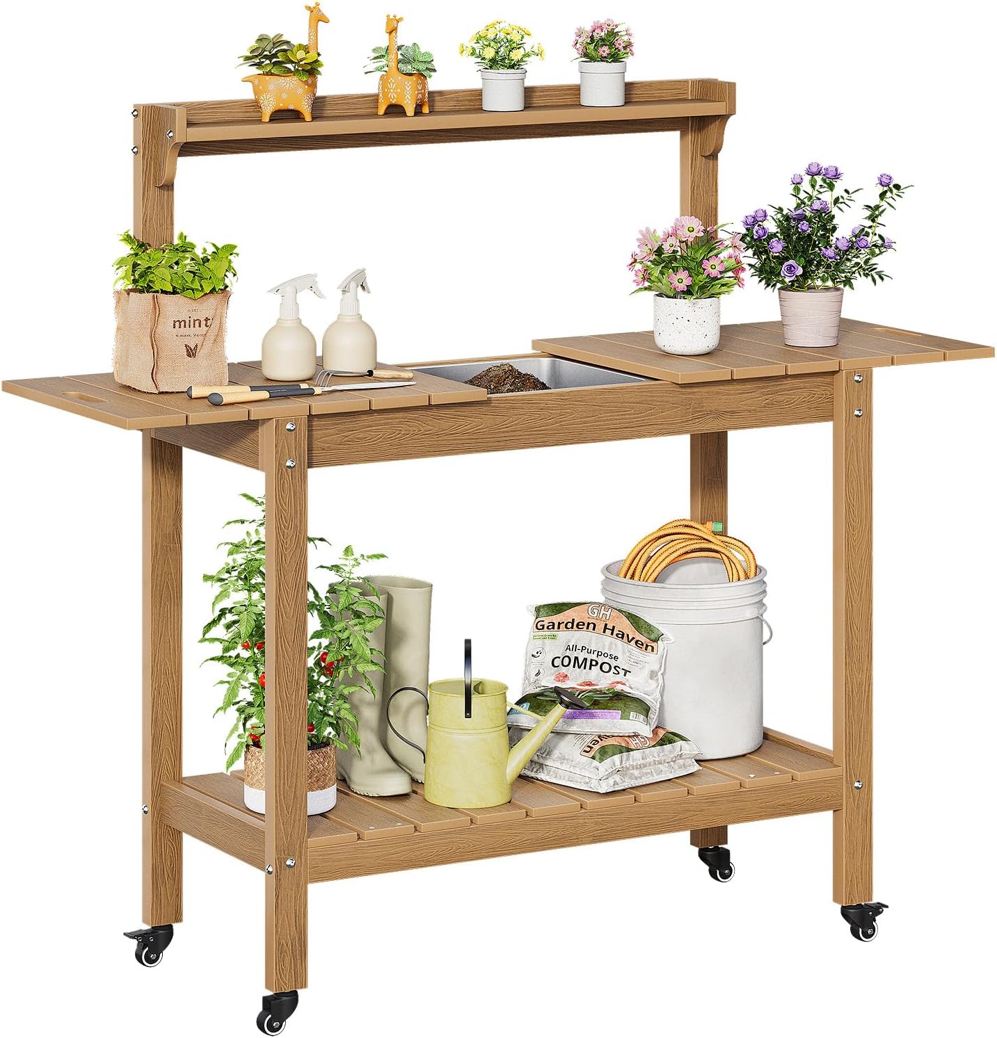 HDPS Outdoor Potting Bench with Sliding Tabletop/ 4 Wheels/Removable Sink, All-Weather Outside Garden Work Table, No Rust/Fade/Break, Potting Station for Porch, Patio & Backyard (Teak)