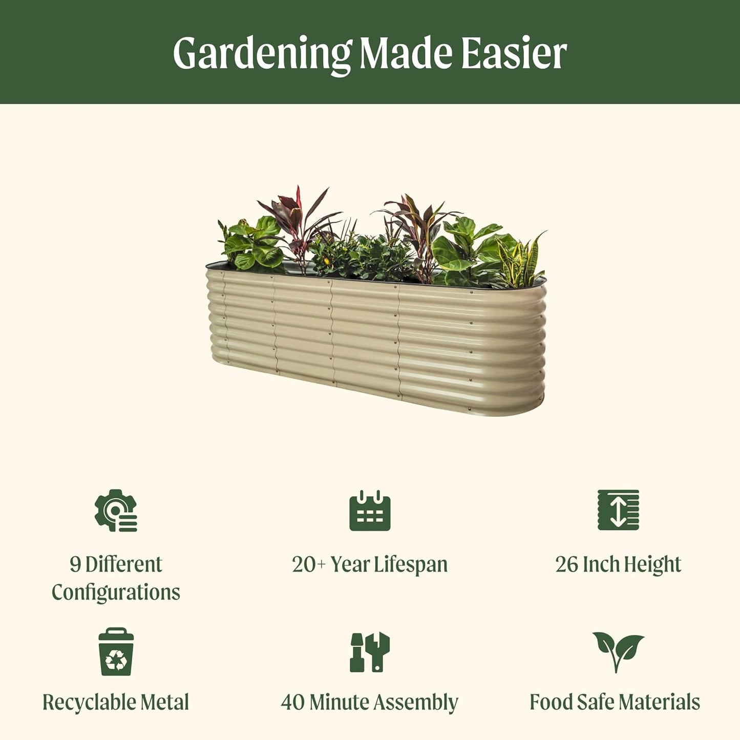 Vego garden 26" Extra Tall Raised Garden Bed Kits, 9 in 1 Modular Raised Planter Box for Vegetables Flowers Fruits Oval Metal Raised Garden-Olive Green