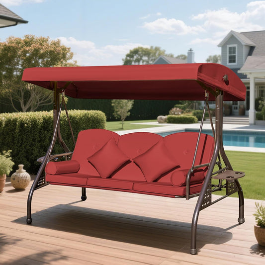 3-seat Patio Swing with Canopy,Convertible Outdoor Swing Bed with Thick Cushions, Pillows & Cup Holders, 3-Seat Outdoor Swings Chair for Backyard, Garden, Deck(Red)