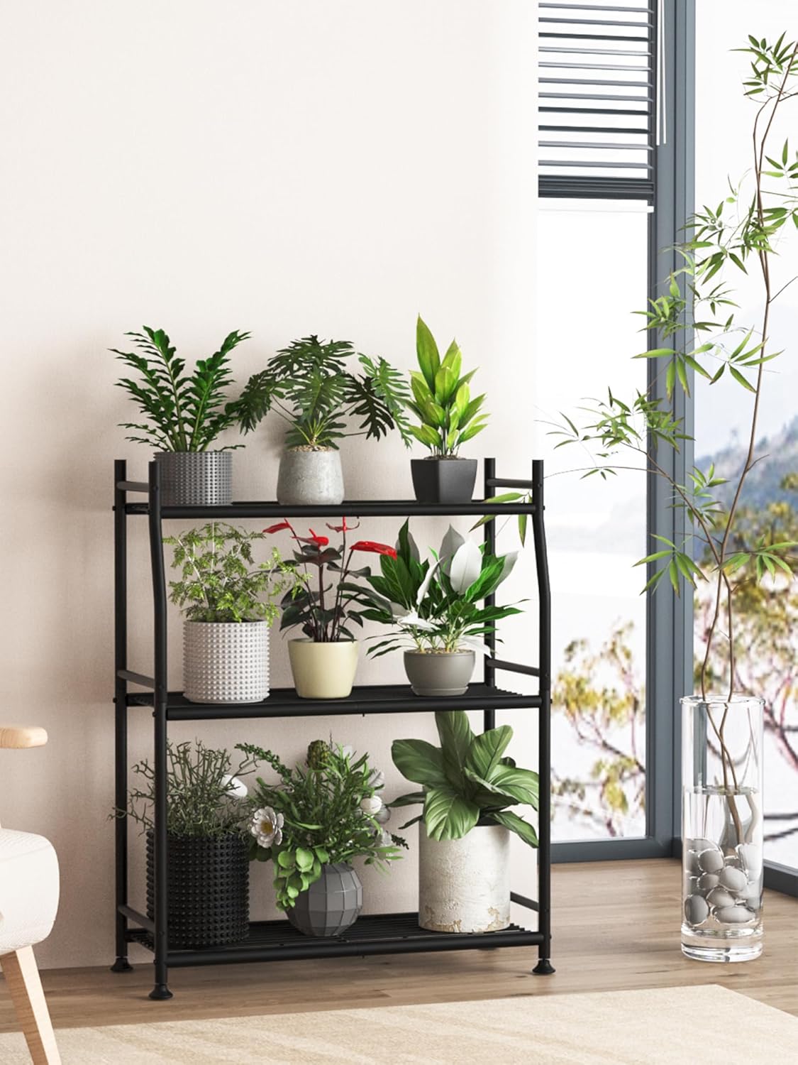 3-Tier Plant Stand Indoor Outdoor, Waterproof Metal Plant Shelf for Multiple Flower Planter Holder, Small Plant Stands for Patio Garden Living Room, Black
