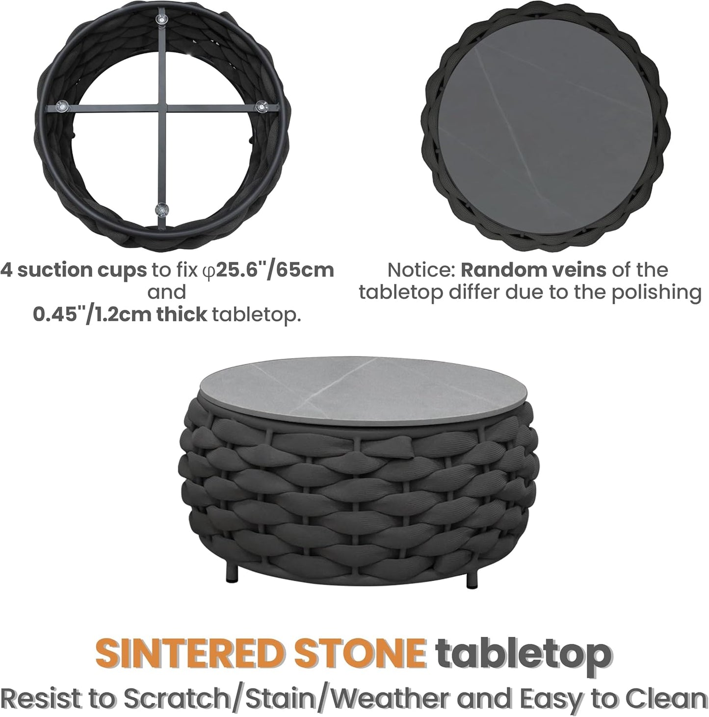 4 Pieces Courtyard Seating Set: Aluminum Woven Rope Patio Furniture Chair Set - All Weather Metal Outdoor Conversation Set - Assembled Armchair w/Table for Bistro Deck Porch Balcony, Dark Grey