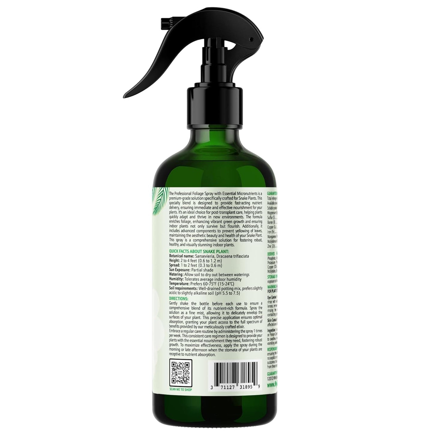 Professional Foliar Plant Spray with Essential Micronutrients 3-1-2 for Snake Plants, Dracaena trifasciata, Sansevieria - Liquid Fertilizer - Plant Food - Plant Shine - Plant Care (8 OZ)