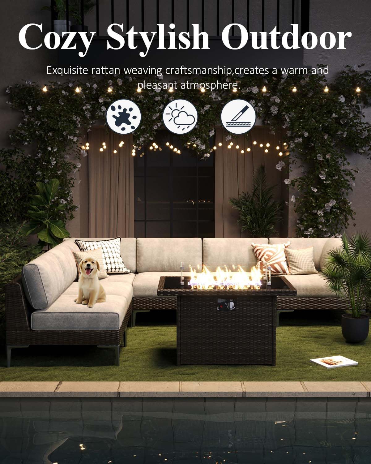 LayinSun 9-Piece Outdoor Modular Wicker Sectional Sofa with Fire Pit Table, Patio Furniture Conversation Set with Deep Seating and Thick Cushions