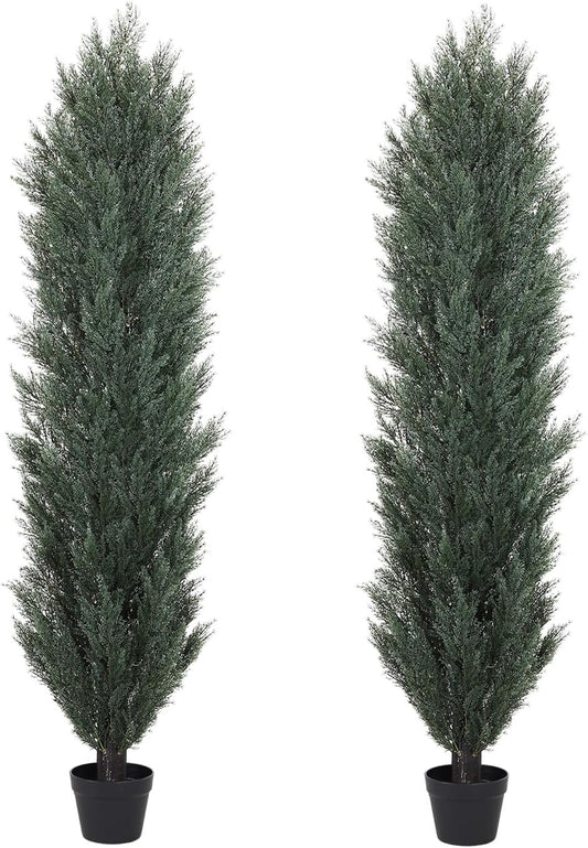 THE BLOOM TIMES 6ft Tall Topiary Trees Artificial Outdoor – UV Resistant Faux Cedar Pine Cypress Bushes and Shrubs, Fake Potted Plants for Front Porch Outside Planter Patio Decor, Set of 2 (6 Foot)