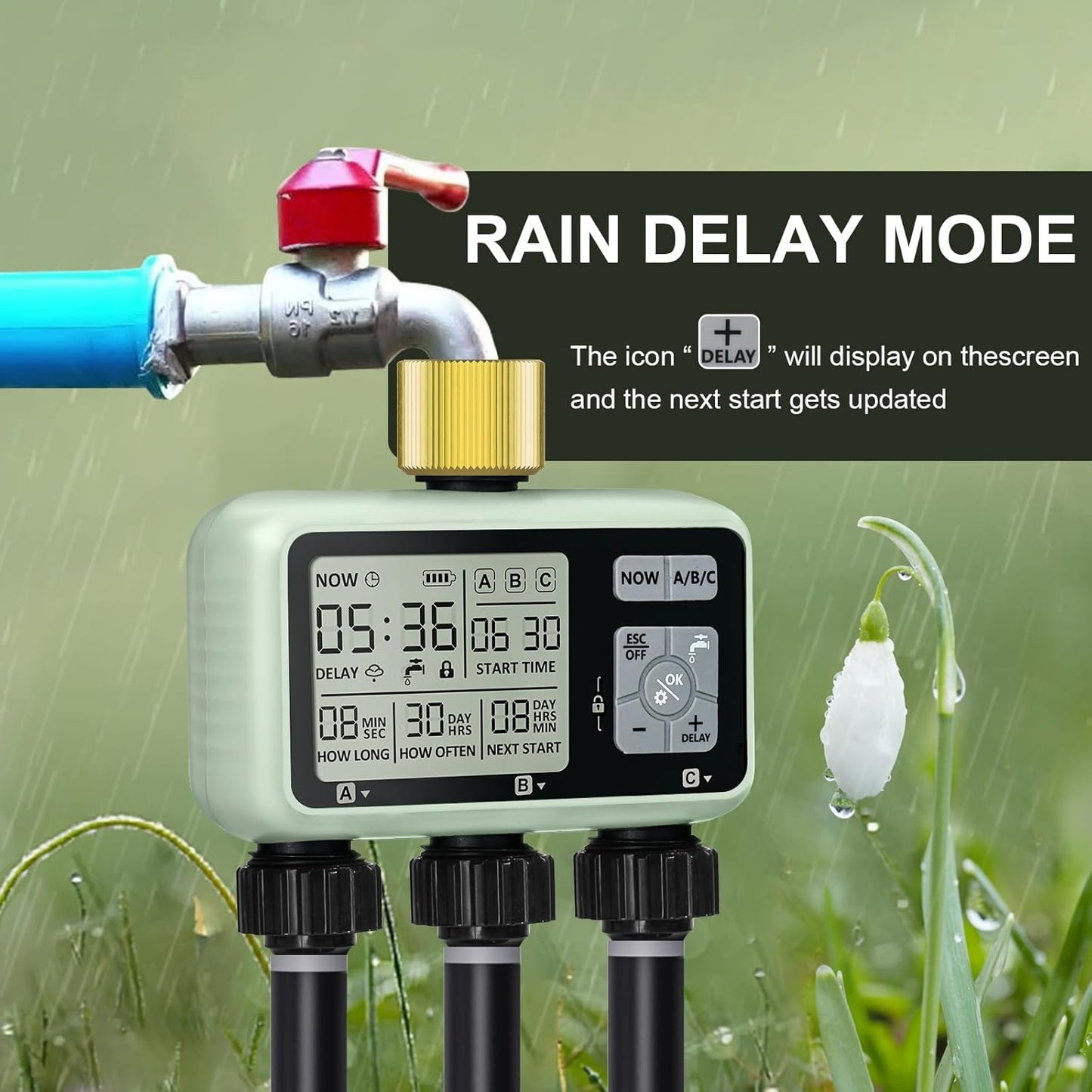 Watering Timer 3 Zone with Brass Inlet, Sprinkler Timer, Programmable Garden Outdoor Hose Faucet Timers with Rain Delay, Auto & Manual Watering System,Water Hose Irrigation Timers 3 Outlet for Garden