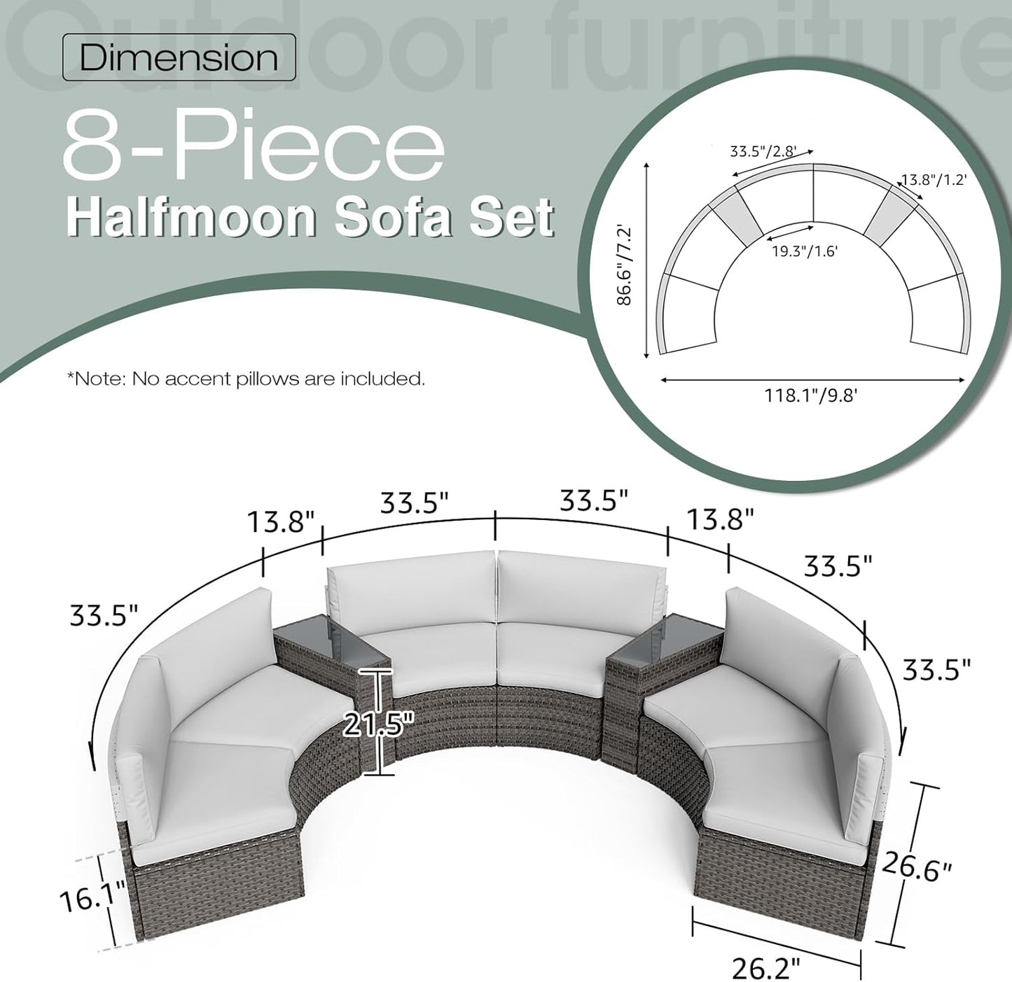 SUNSITT Outdoor Patio 8-Piece Half Moon Curved Furniture Sofa Set Grey Wicker Sectional Sofa Light Grey Cushions with 2 Side Table