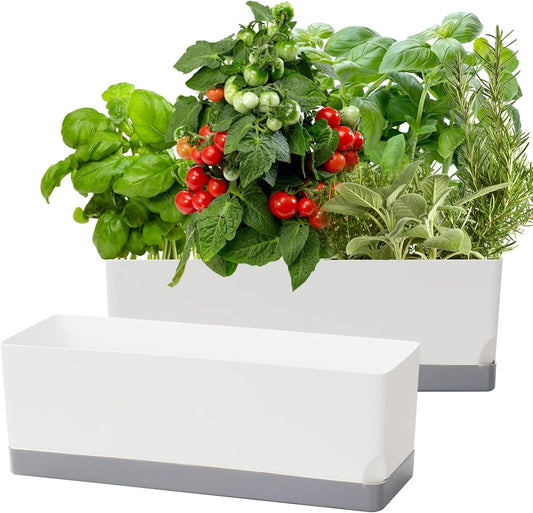 Self Watering Planters Pots for Indoor Plants, 2 Pack 17 Inch Plastic Planter Box Flower Pots for Indoor Outdoor Plants, Rectangle Herb Planter Window Boxes Planters with Drainage