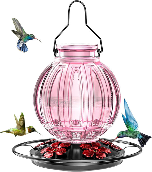 Glass Hummingbird Feeder for Outdoors Hanging, Bird Nectar Feeder with Perch & 5 Flower Feeding Ports, 26 Oz Leak Proof for Outside Garden Decor Backyard, Gifts for Women Mom, Pink