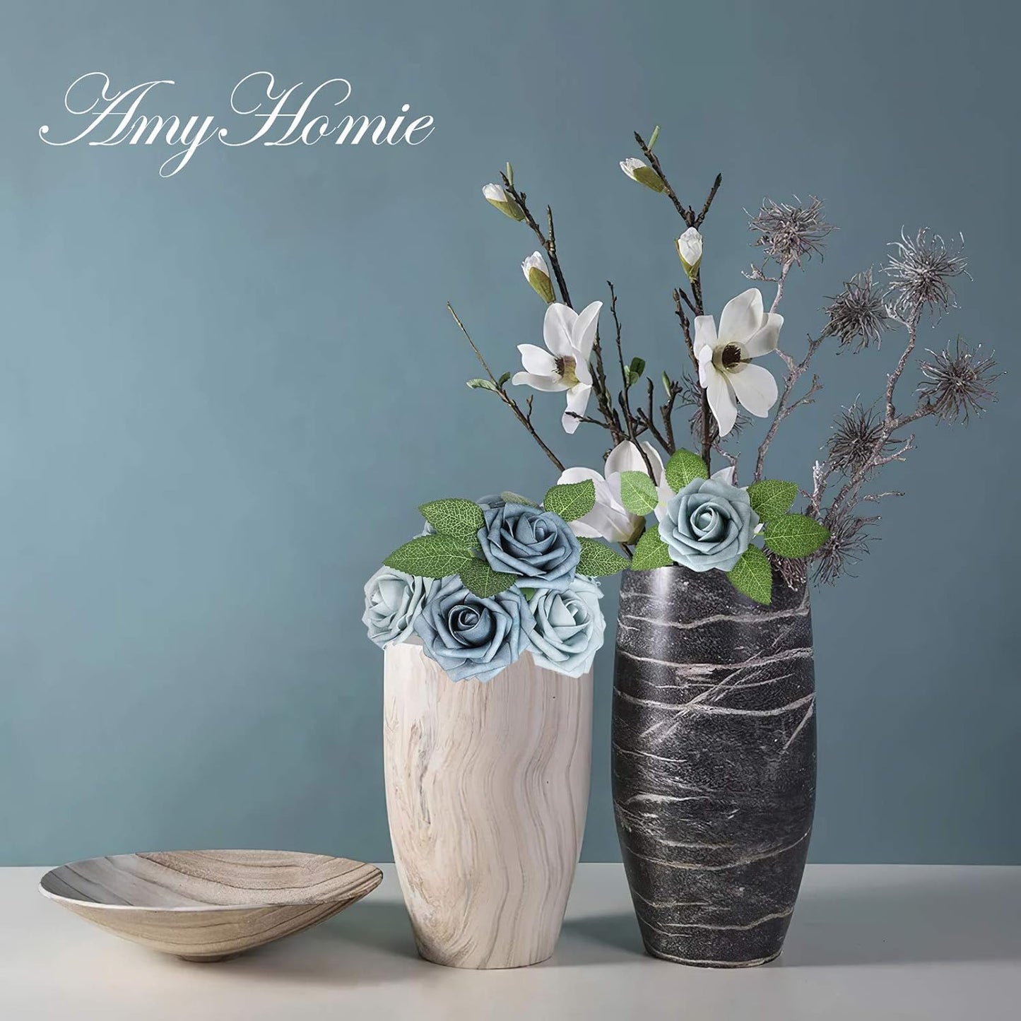 AmyHomie Artificial Flower Dusty Blue Shades Rose 25pcs Real Looking Fake Roses w/Stem for DIY Wedding Bouquets Centerpieces Arrangements Party Baby Shower Home Decorations