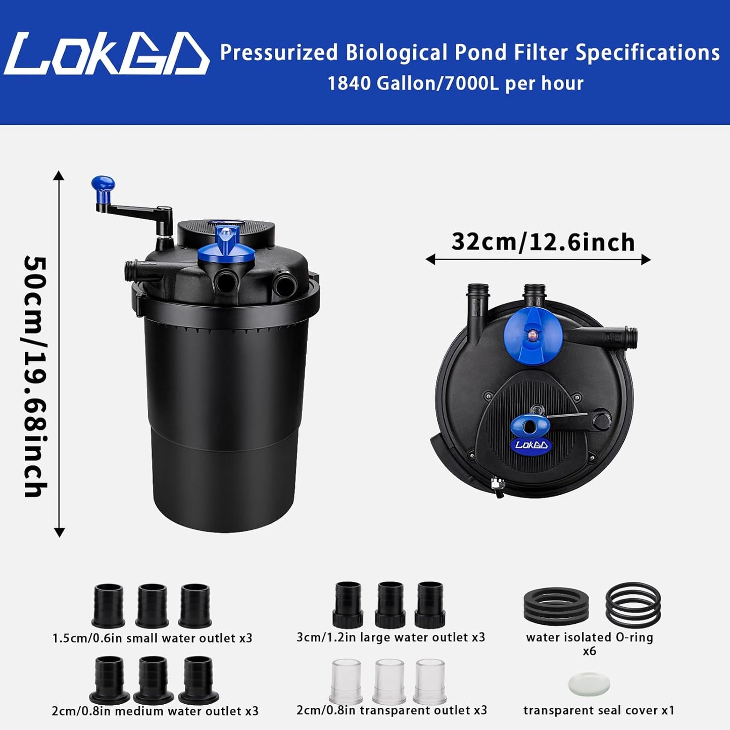Pressure Biological Pond Filter,1840 GPH Pond Filter with 15W Light,7000L Bio Pressurized Pond Filter for Outdoor Pond Koi Fish Garden Pond Pool