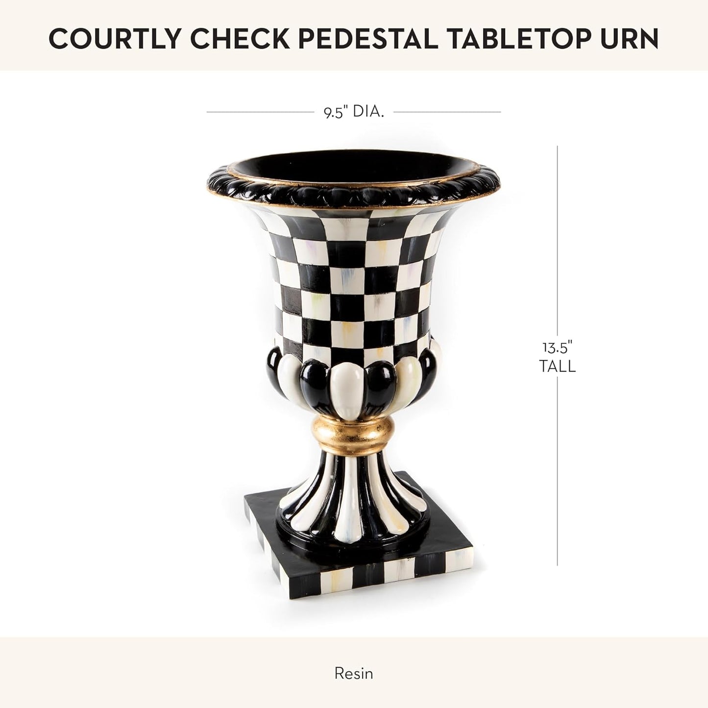 MACKENZIE-CHILDS Pedestal Tabletop Urn, Decorative Centerpiece for Table, Mantel, or Shelf, Tall, Black-and-White Courtly Check