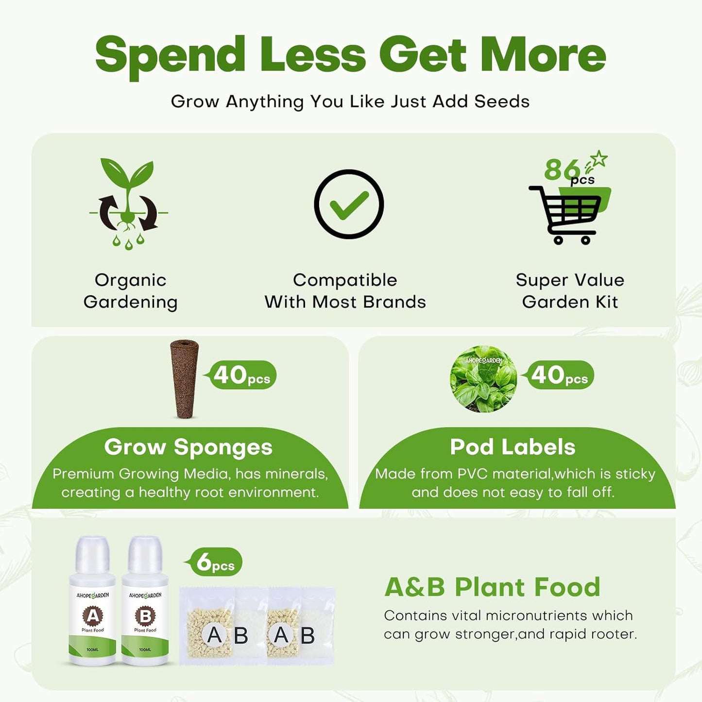 Ahopegarden 86PCS Hydroponic Pods Kit: Compatible with Aerogarden, iDOO, Most Brand Hydroponics Growing System, Indoor Herb Garden Supplies Includes Grow Sponges, Labels, A&B Plant Food, Tweezer