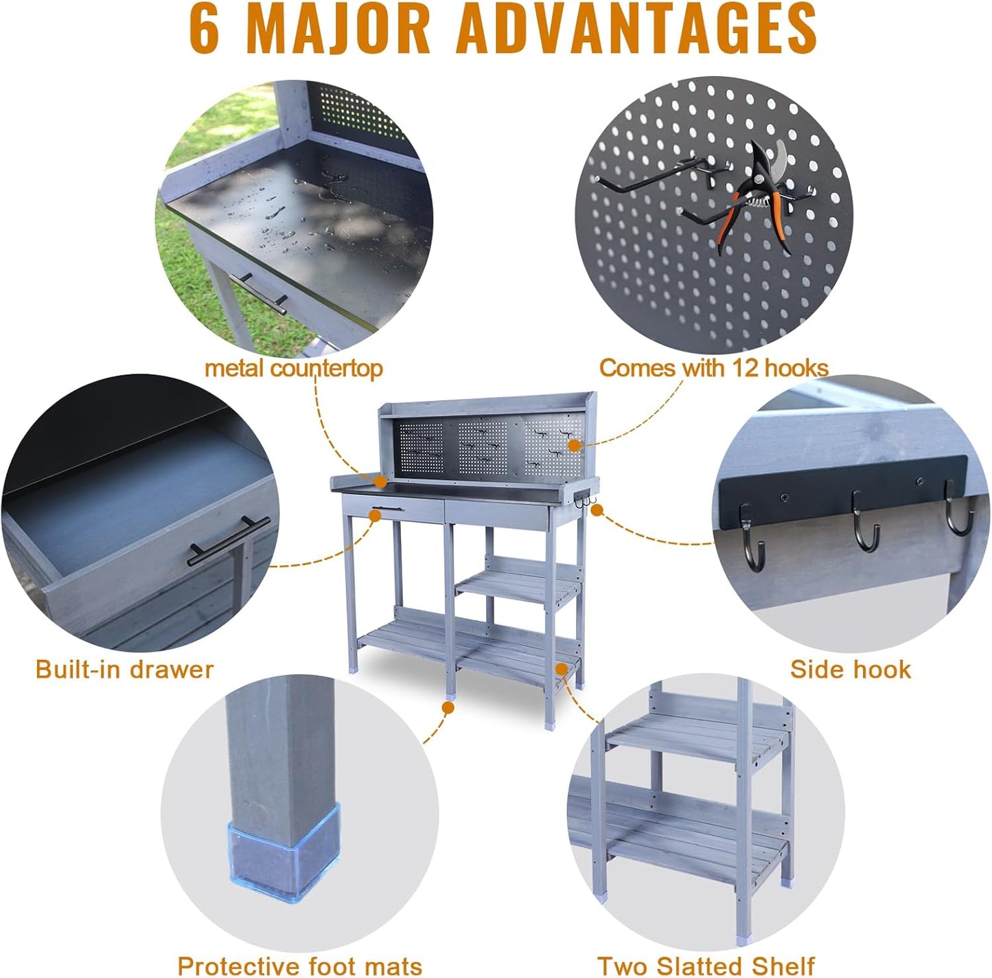 Outdoor Potting Bench Table,Garden Work Bench Metal Tabletop Horticulture with Shelf Rack Wooden Potting Benches for Outside with Holey Board/Hooks/Pads/Drawer/Adjustable and Cabinet,Gray