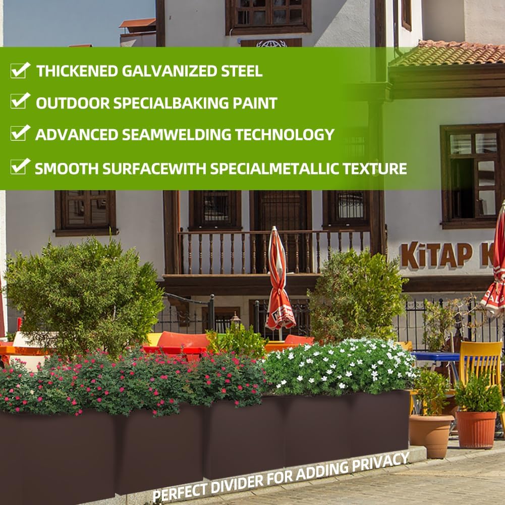 Metal Tall Long Planter Box Large Rectangular Planter Flower Pot with Drainage Holes for Indoor Outdoor Deck Porch Garden Home Patio Front Door (Espresso, L)