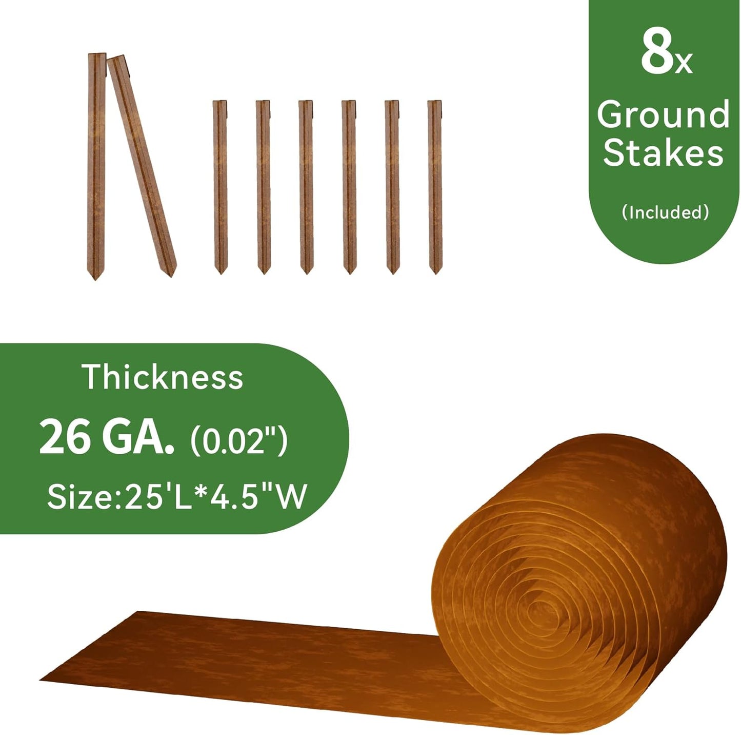 Worth Galvanized Steel Landscape Edging 4.5" x25' Metal Garden Edging Roll Flexible Bender Border with 8Pcs Stakes for Lawn, Flower Bed Edges, Rust-Like Color