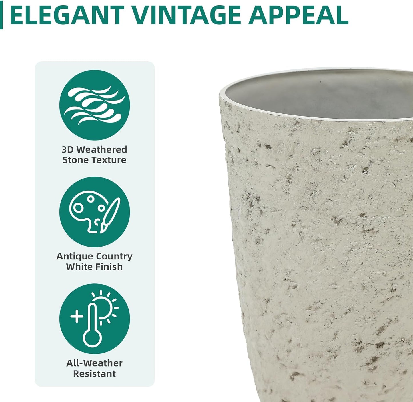 19.5" H Resin Tall Outdoor Planters, Set of 2 Country White Large Flower Pots with Handmade Birch Bark Texture, Heavy-Duty and Weather-Resistant for Year Round Indoor/Outdoor Space