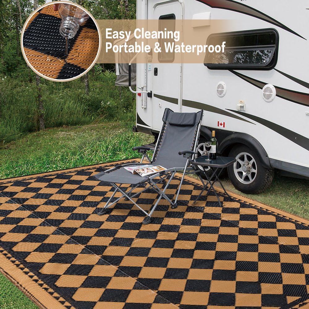 Outdoor Waterproof Rug 8'x10' Plastic Straw Rugs Washable Reversible Floor Mat Brown Plaid Carpet for Camping RV Deck Entryance Porch Picnic Balcony Beach Backyard