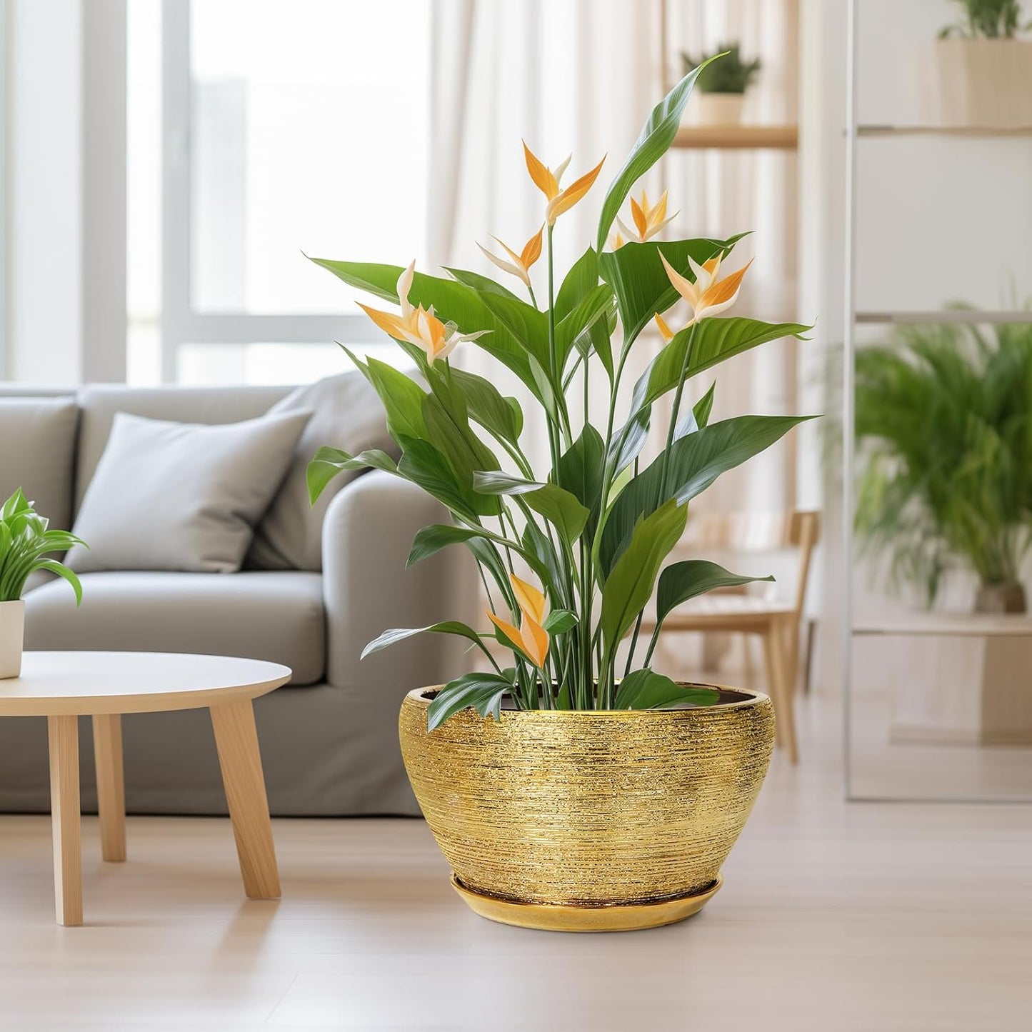 Ceramic Planter 13 Inch - Indoor Plant Pot with Drainage Hole and Saucer Large Ceramic Pot for Plants Mid-Century Decorative Modern Outdoor Flower Pot for Home Decor Gold