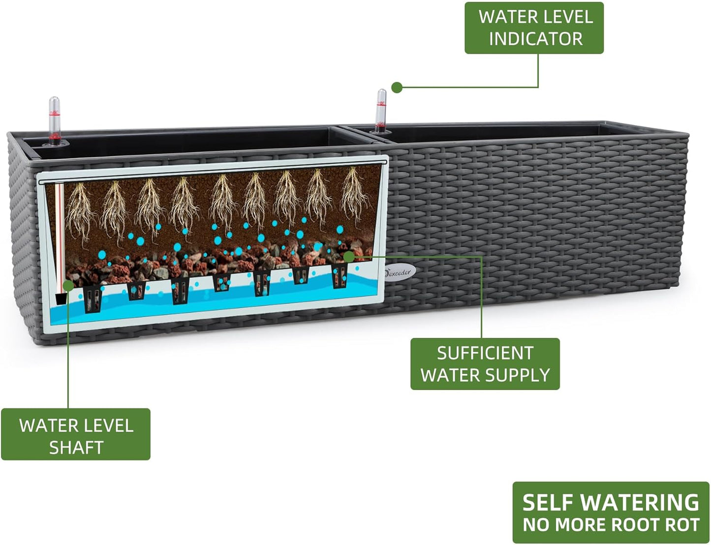 Dexceder 31.5 Inch Rattan Self Watering Planter Indoor Outdoor, Thickened Large Rail Flower Plant Pot Window Box with Water Level Indicators & Bracket (Deep Gray)