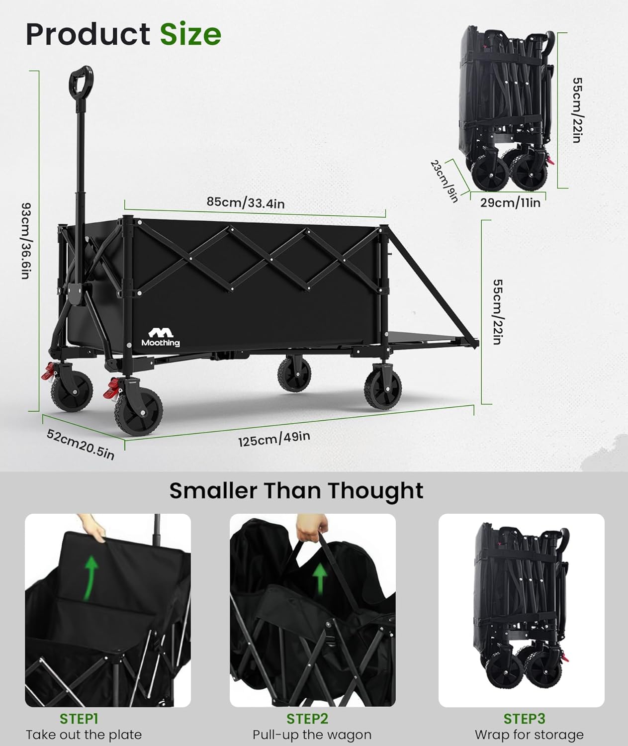Extra Large Foldable Wagons Extended, 250L Collapsible Wagon with Tailgate, 49”L Folding Wagons with Brakes, Grocery Wagon, Utility Cart for Sports, Shopping, and Camping, Black
