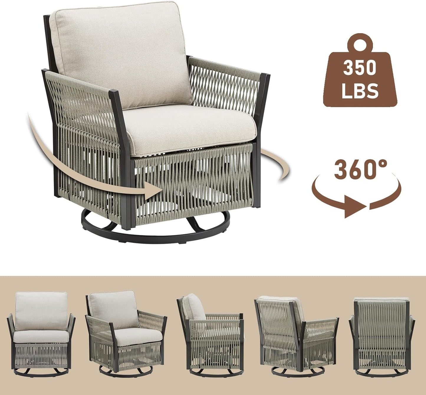 Patio Furniture Wicker Outdoor Conversation Set, 5-Piece All Weather Patio Furniture Rattan Rocking Sets w/Removable Cushions & Ottomans, Side Table for Backyard, Balcony, Deck, Beige