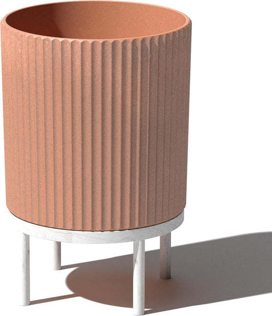 Veradek Demi Series Round Planter w/Stand for Porch/Patio | Durable Plastic-Stone Composite & Wooden Stand | Modern Décor for Tall Plants, Flowers
