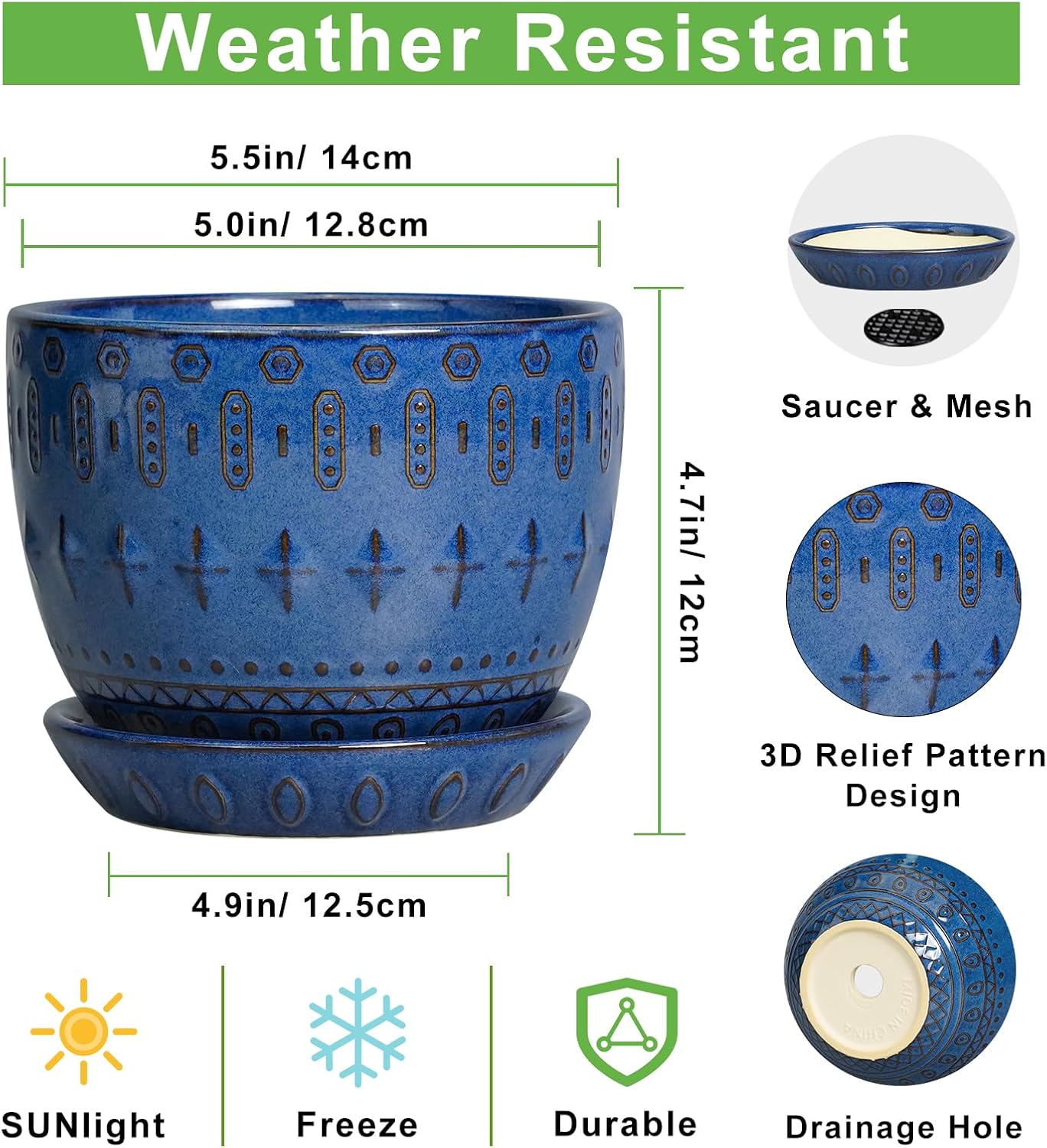 G EPGardening Plant Pot 5 Inch - Ceramic Planter for Indoor Plants Outdoor, Succulent Orchid Pot with Drainage Hole and Saucer, Round Flower Pot for Home Decor, Blue