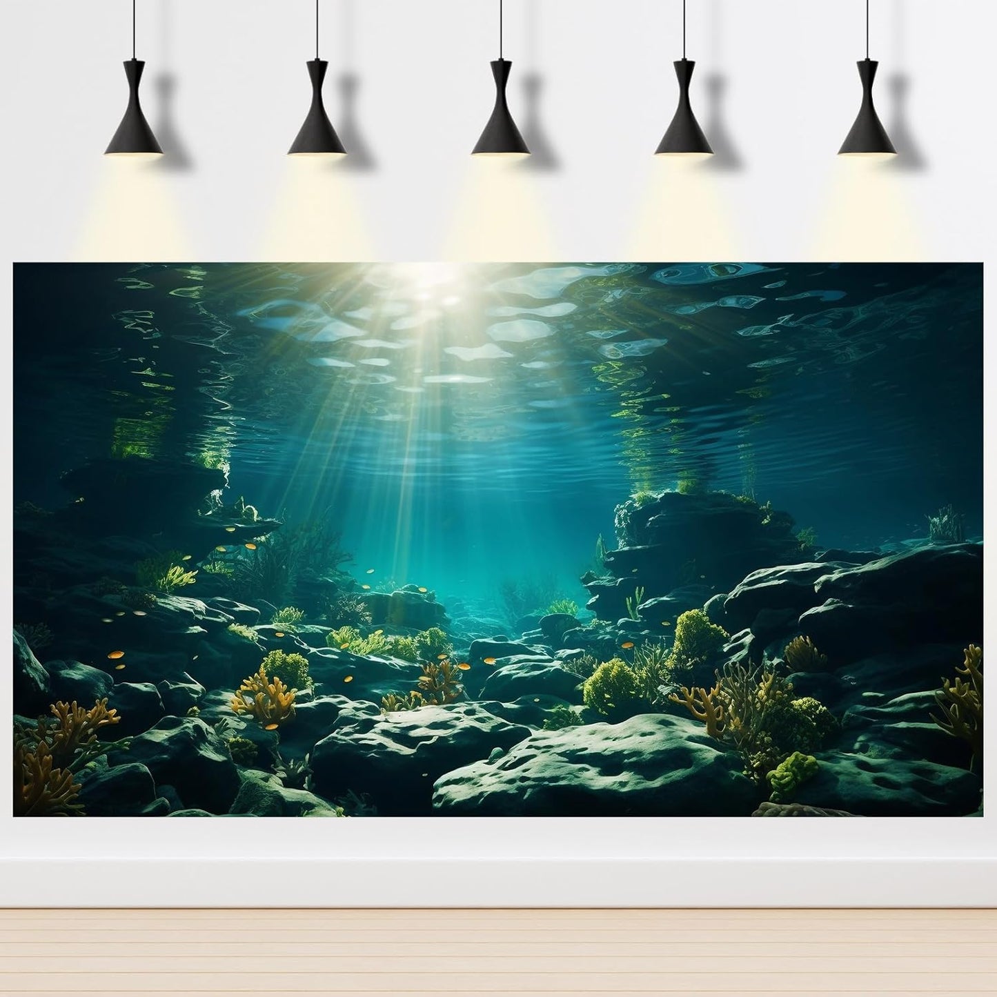 Aquarium Background Underwater Aquatic Plants Rocks Fish Terrarium Backdrop Sunlight Rays Coral Fish Tank Background Cave Style Landscape Sea Grass Tank Wallpaper Poster Vinyl 48x20in
