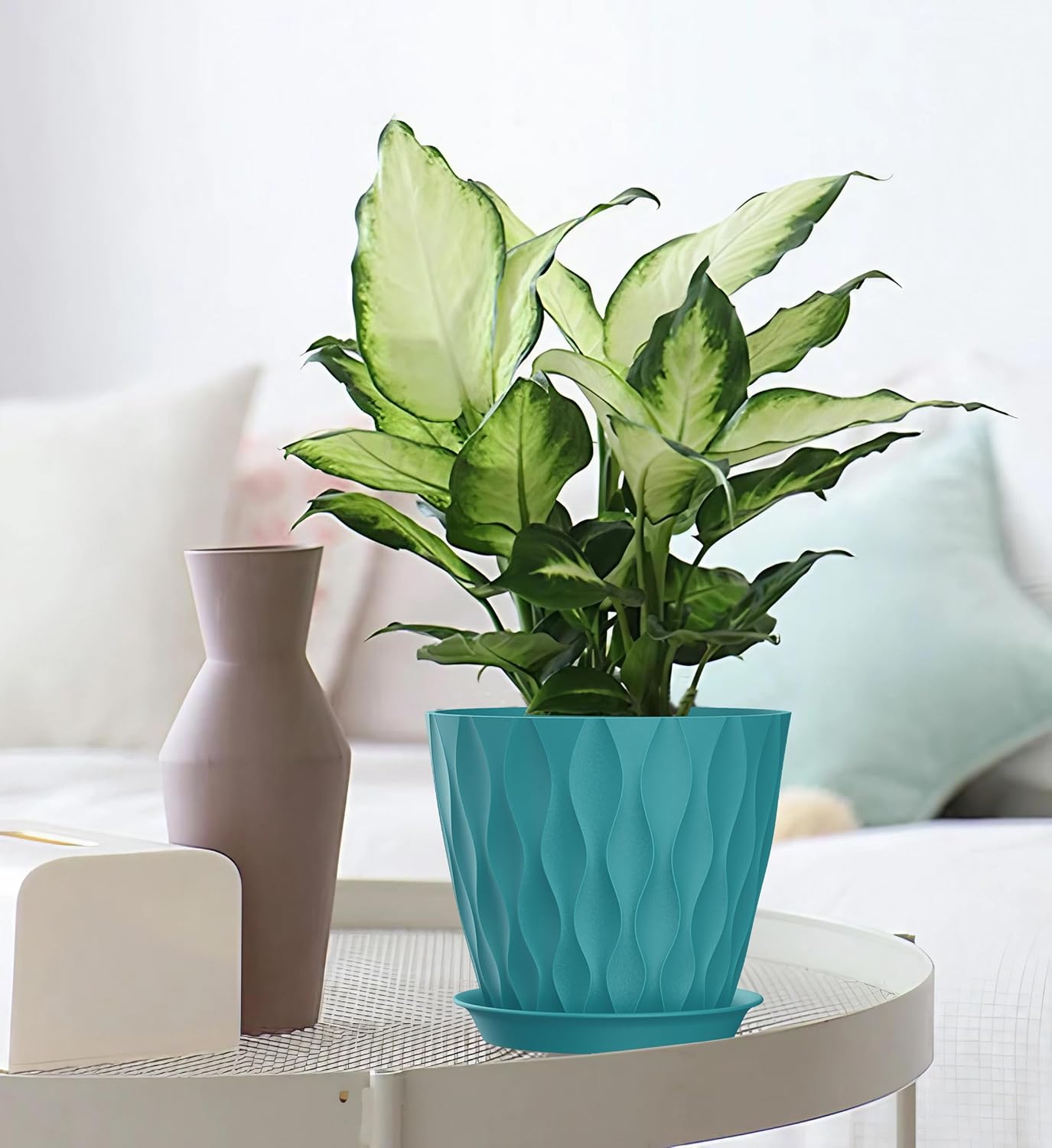 7 Inch Plant Pots 5 Pack, Flower Planters with Drainage Holes and Trays,Plastic Pots for Indoor Outdoor Plants,Green