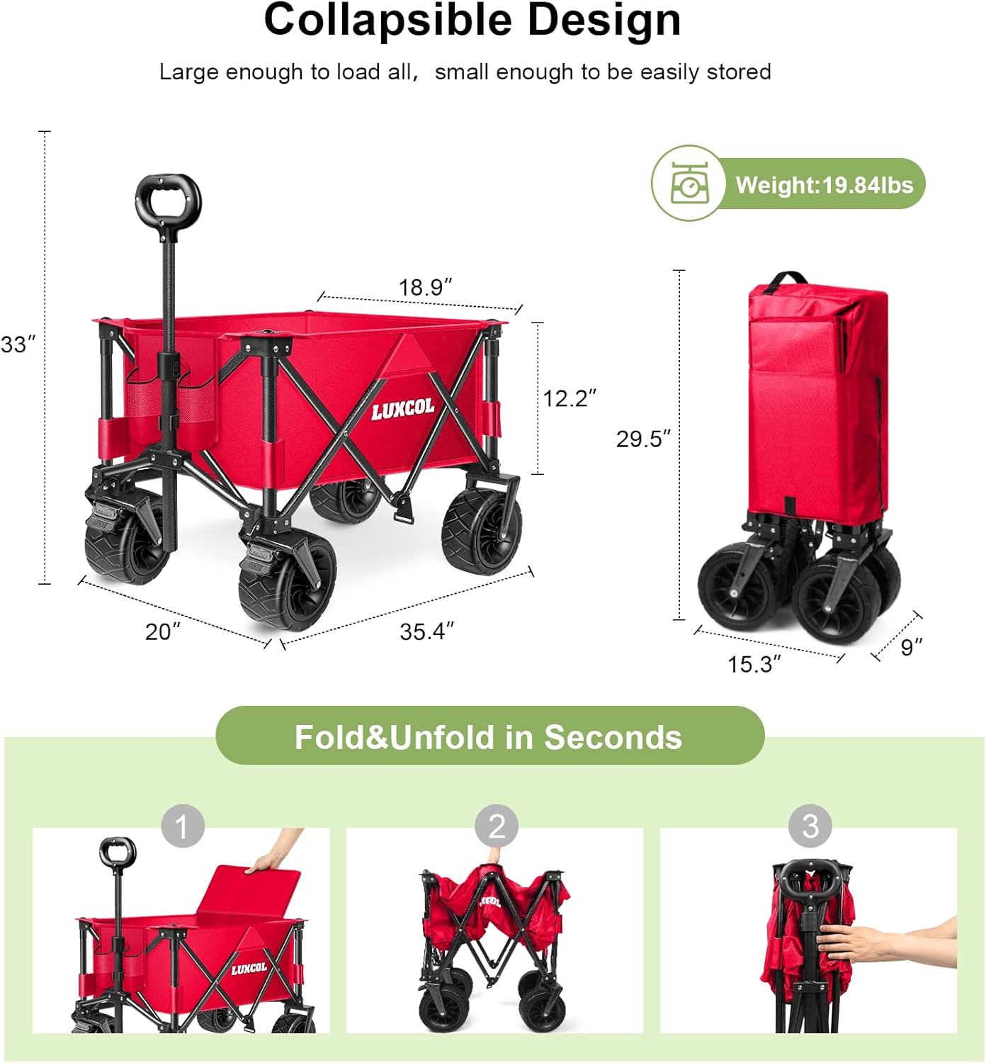 LUXCOL Collapsible Folding Wagon, Heavy Duty Utility Beach Wagon Cart for Sand with Big Wheels, Adjustable Handle&Drink Holders for Shopping, Camping,Garden and Outdoor